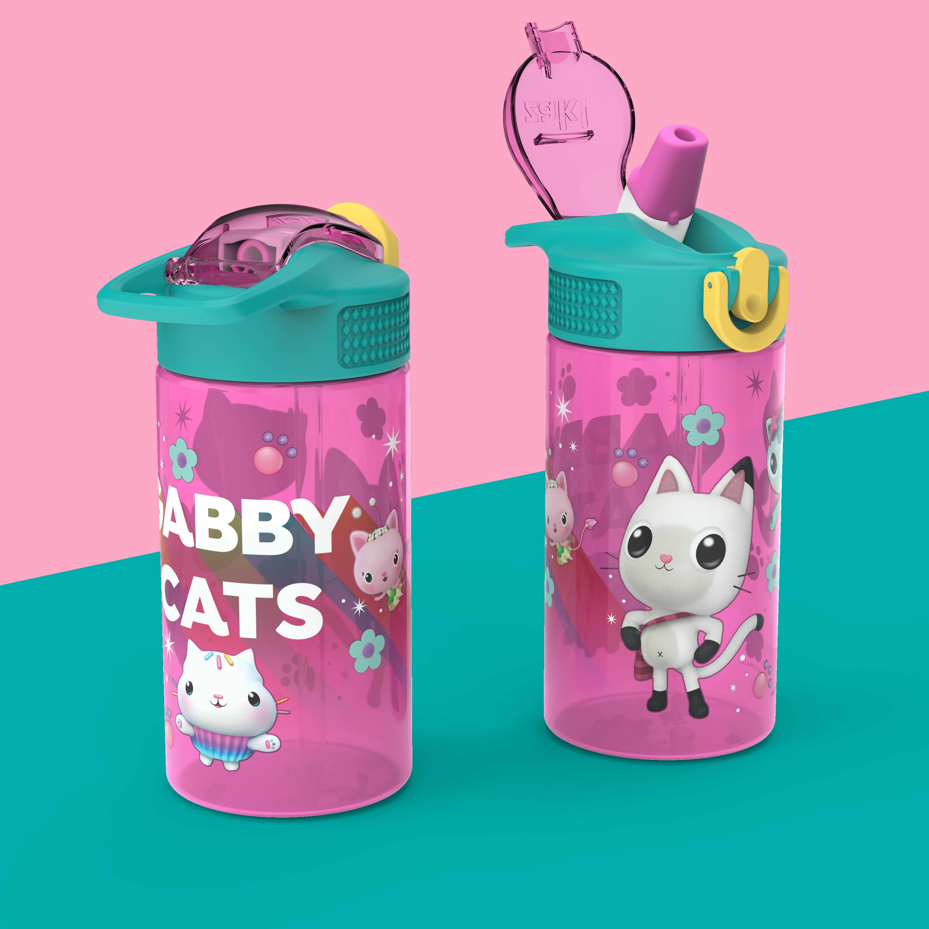 Zak Designs Gabbys Dollhouse 16 ounce Reusable Water Bottle with Hygienic spout cover and antimicrobial spout, Gabby's Cats