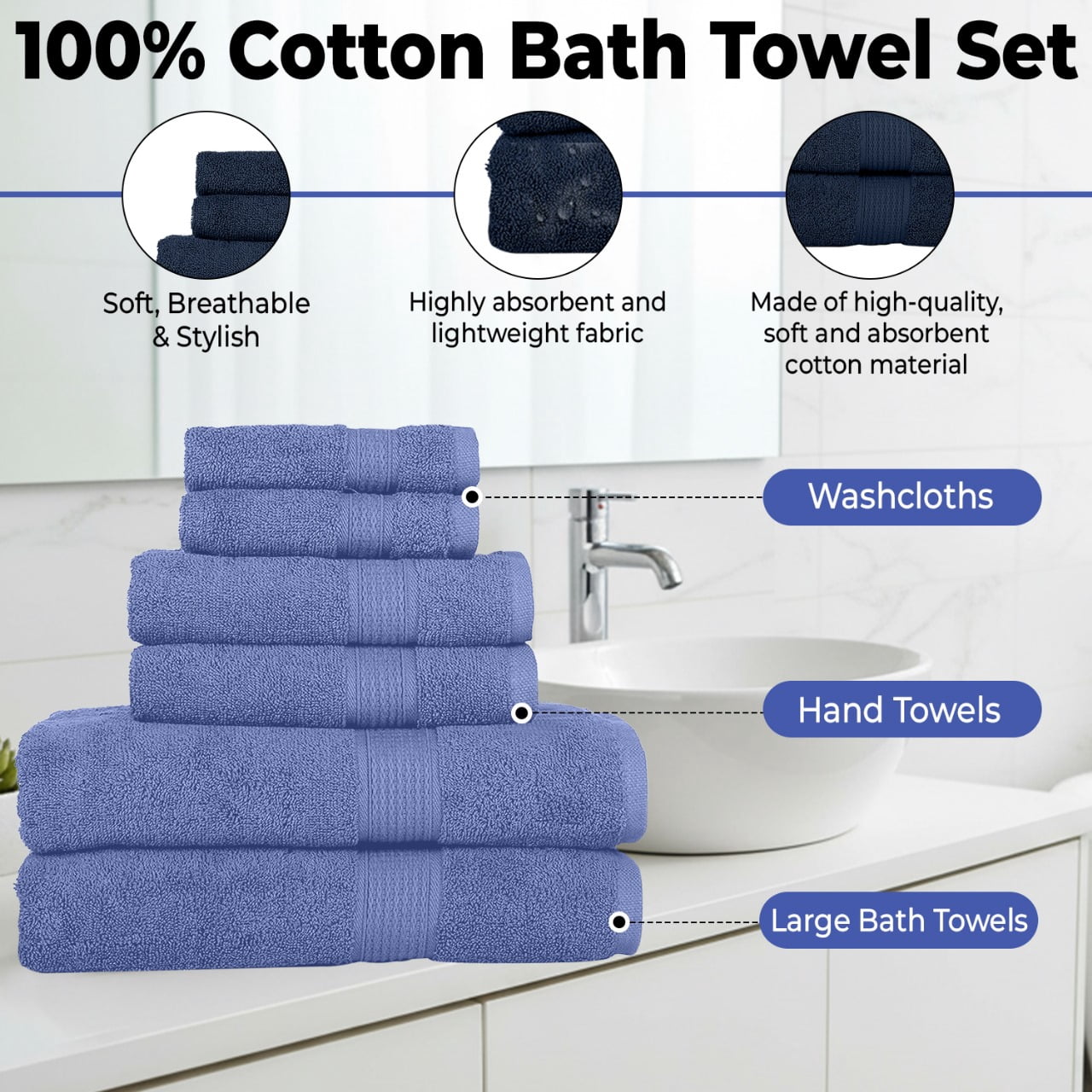 KAHAF COLLECTION 6 Piece Towel Set Blue – 100% Ringspun Cotton Soft & Highly Absorbent–Includes 2 Bath Towels, 2 Hand Towels & 2 Washcloths – Quick Dry, Durable and Luxurious Bathroom Essentials