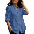 thumbnail image 5 of Women's Loose Fit Long Sleeve Button Down Solid Color Blouse Tunic Top Comfy Lightweight Casual Work Office Outfits | CSEONE,Blue M, 5 of 8