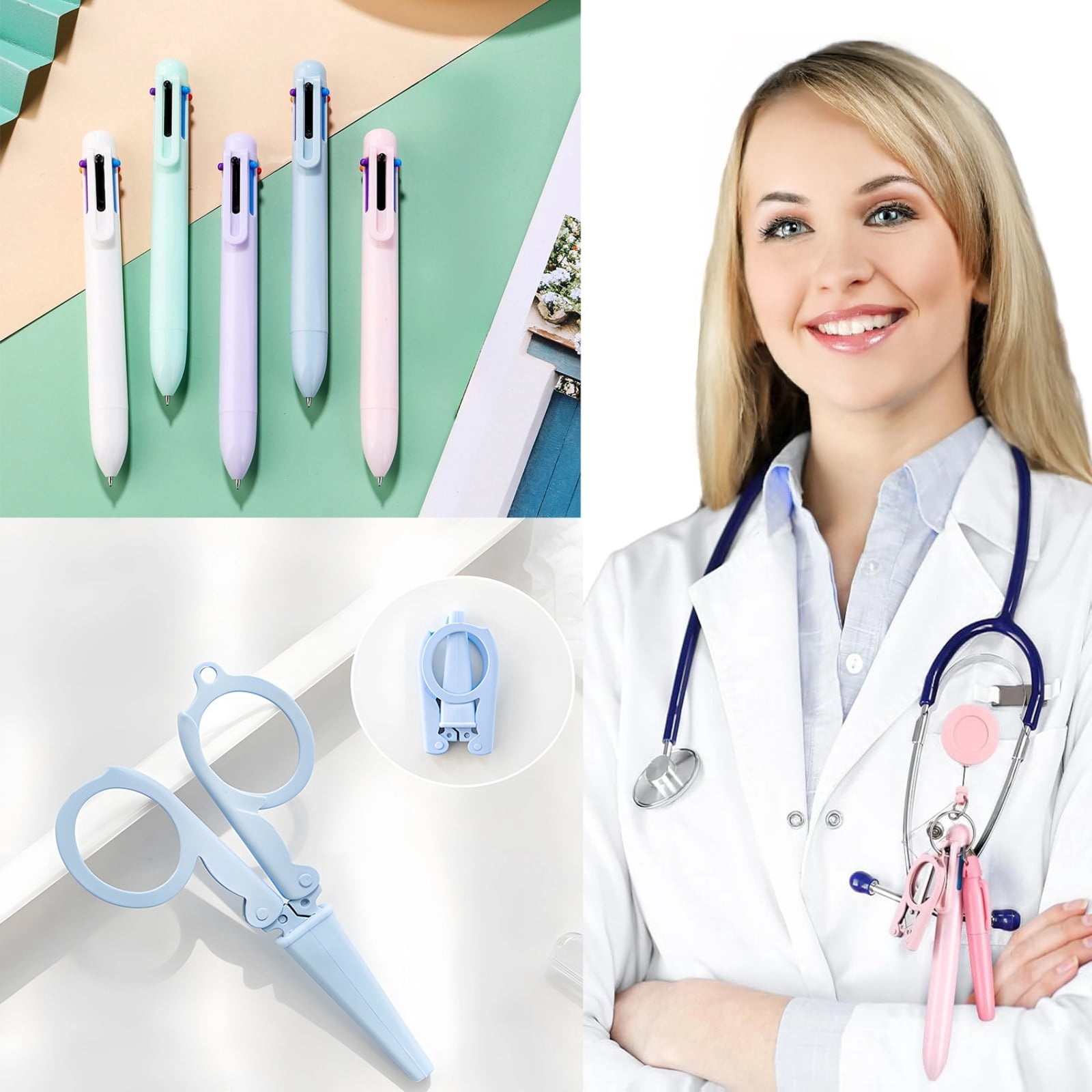 20 Pcs Mini Nurse Pen Set, Nurse Badge Reel Set with Pens & Scissors, Including 5 Retractable Badge Holders, 5 Highlighters, 5 Ballpoint Pens & 5 Foldable Scissors