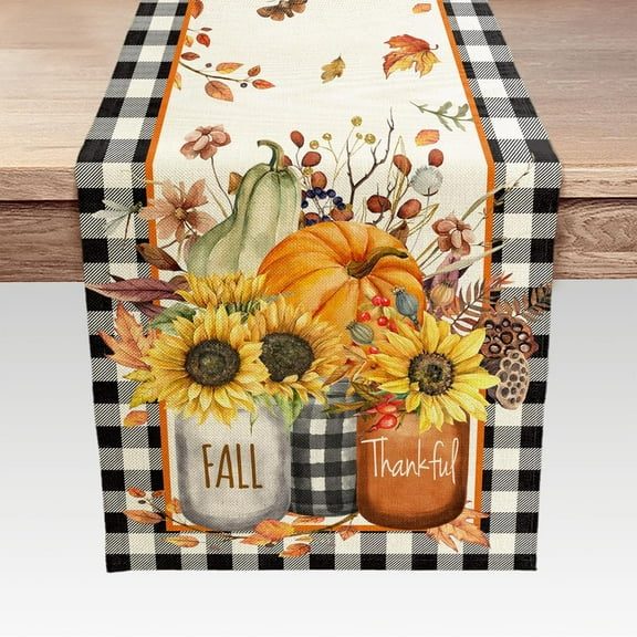 Fall Thanksgiving Table Runner, Buffalo Plaid Pumpkin Flowers Autumn Leaves Farmhouse Kitchen Dining Table Runners, Indoor Outdoor Home Party Decor 13 x 90 Inches