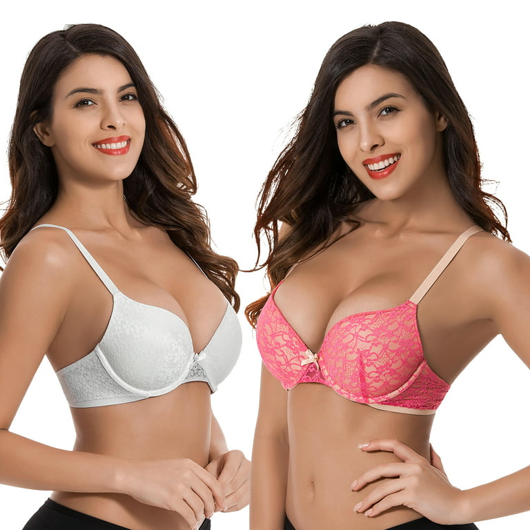 Curve Muse Women's Underwire Plus Size Push Up Add 1 and a Half Cup Lace  Bras-2PK-White/Red,Black/Grey-38C