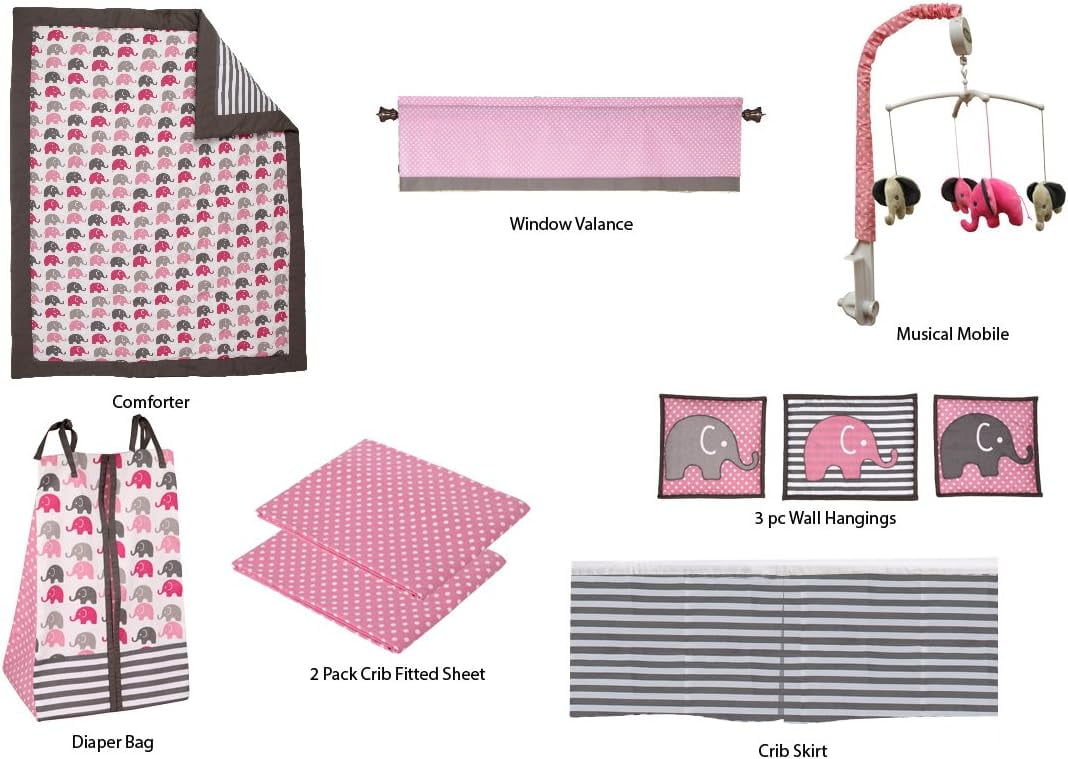 Bacati - Elephants Pink/Grey Girls Mini Portable Crib Bedding Set