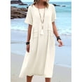 thumbnail image 6 of Womens Loose Fit Casual Linen Blend Solid Color Round Neck Short Sleeve Midi Dress Beach Khaki XL, 6 of 7