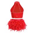 thumbnail image 4 of dPois Robe de Danse Tango Latin pour Filles Enfants, Top Court à Franges et Jupe à Plumes Rouge 6, 4 of 5