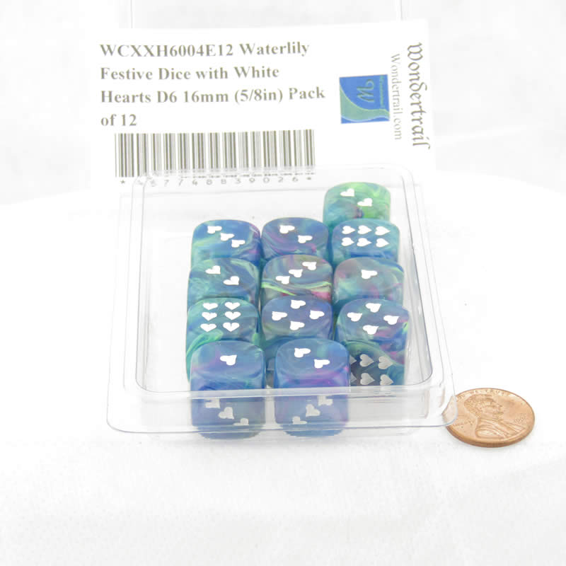 Waterlily Festive Dice with White Hearts D6 16mm (5/8in) Pack of 12 Wondertrail