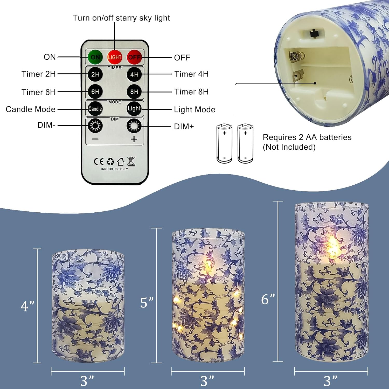 XINAOBAOLUO Blue & White Floral Flickering Flameless Candles, Recessed String Light LED Candles with Remote and Timer for Home Decor Set of 3