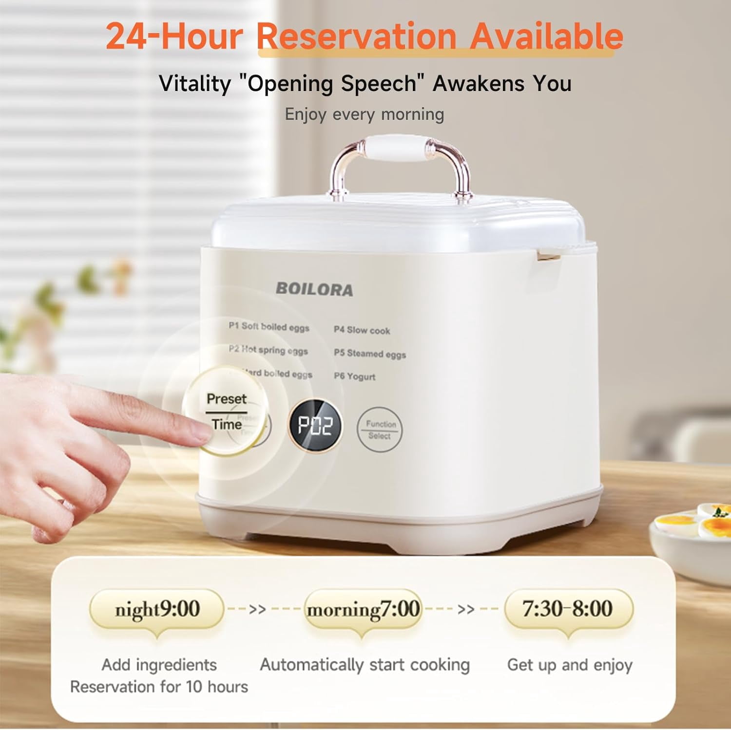 BOILORA Smart Egg Cooker for Soft Medium Hard Boiled Eggs with 24-Hour Delay Timer and Auto Shut-Off Stainless Steel Rack BPA-Free