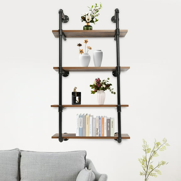 4 Tier Industrial Pipe Shelving Wall Mounted Rustic Metal Floating Shelves, Steampunk Real Wood Book Shelves, Wall Shelf Unit Bookshelf