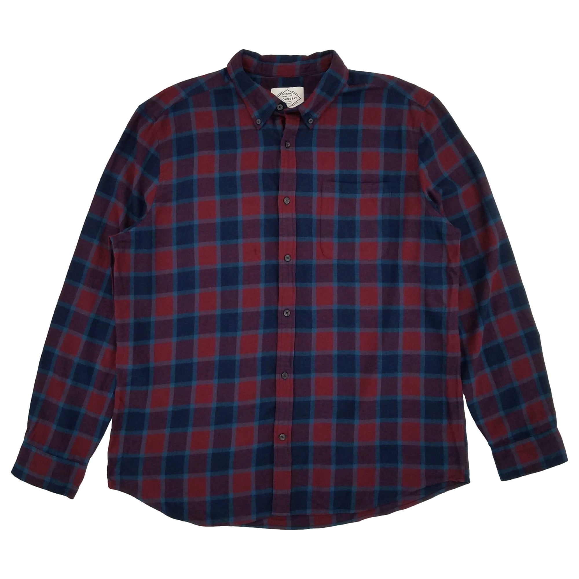 St. Johns Bay Mens Blue Orange Plaid Long Sleeve Button-Down