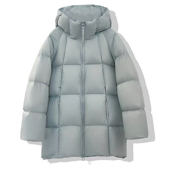 Cadancy Puffy Jackets Women with Hood Double Zippers Long Sleeve Quilted Jacket Zip Pockets Oversized Mid Length Puffer Coats Winter Warm Fashion Down Coat 2025