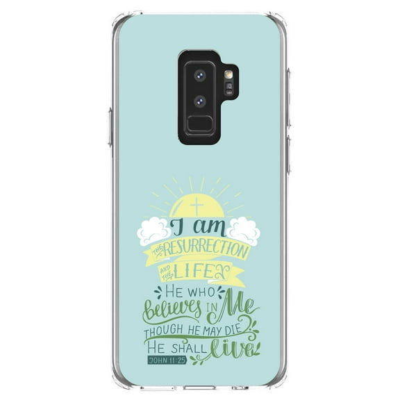 DistinctInk Clear Shockproof Hybrid Case for Samsung Galaxy S9  PLUS (6.2" Screen) - TPU Bumper, Acrylic Back, Tempered Glass Screen Protector - John 11:25 - I am the Resurrection and the Life
