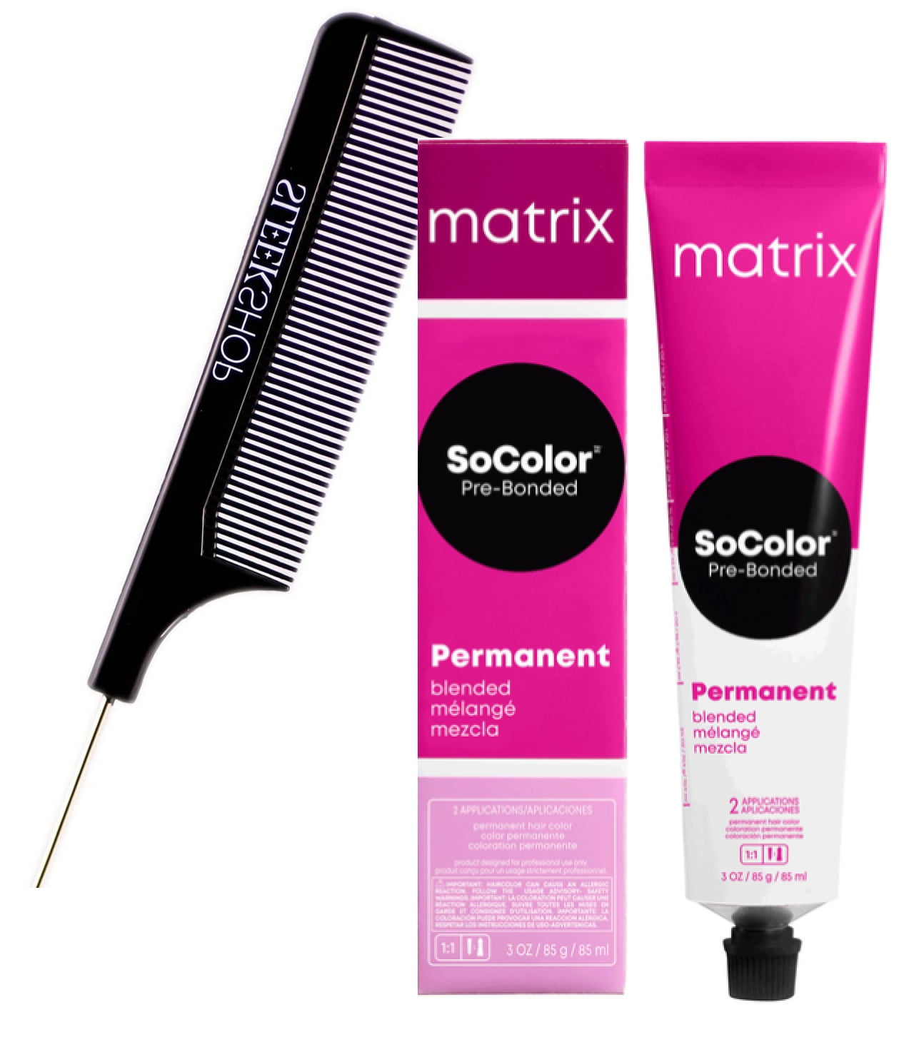 1N - Black Neutral , Matrix So Color Pre-Bonded Permanent Blended Hair Color,  Socolor Haircolor Dye - Pack of 1 w/ Sleek Pin Comb 