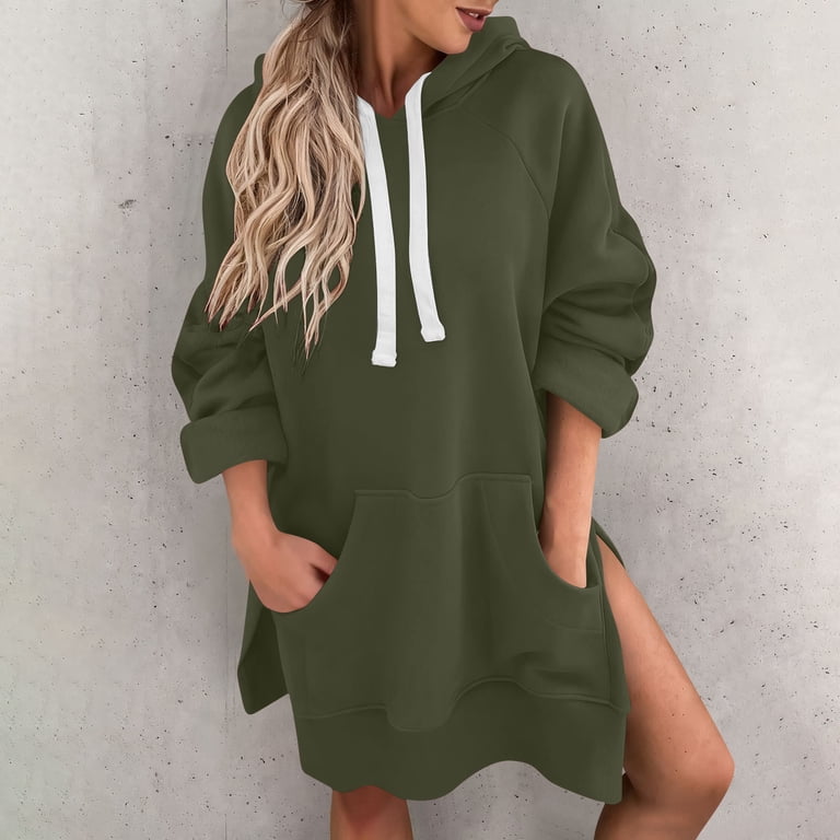 Sweatshirt for Women Side Split Long Sleeve Hoodie Dress Fall Solid Color  Tops with Pocket Navy 3XL