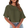 thumbnail image 2 of ECZHAW Womens Tops ,Women Half Sleeve Cropped T-Shirts Drop Shoulder Round Neck Crop Tops Casual Summer Solid Color Basic Tees, 2 of 6