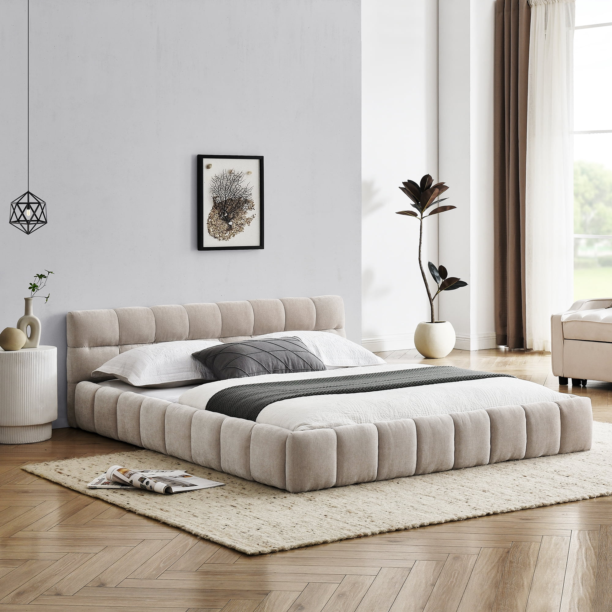 Gewnee Queen Upholstered Platform Bed, Thick Chenille, Sturdy Frame, Beige , No Box Spring Needed，Suitable for Bedrooms