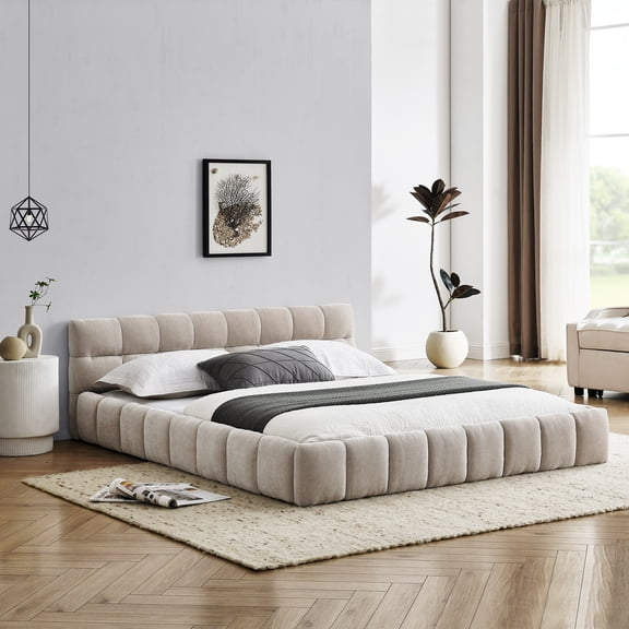 Modern Beige Wood Frame Queen Chenille Upholstered Platform Bed with Headboard