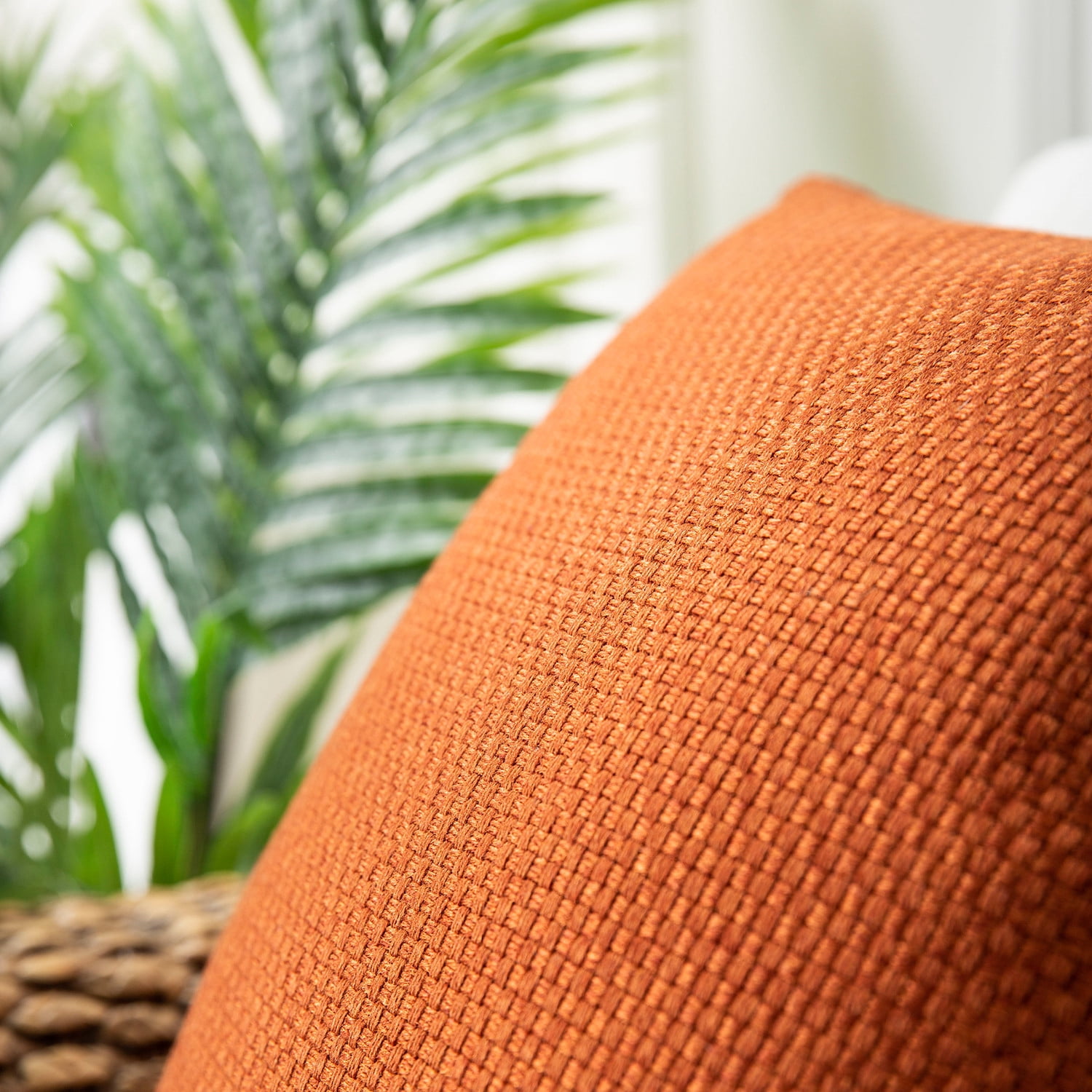 Phantoscope Classic Woven Textured Thick Solid Color Checker Plaid Series Outdoor Decorative Throw Pillow for Patio, 18" x 18", Orange, 2 Pack