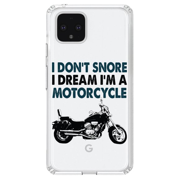 DistinctInk Clear Shockproof Hybrid Case for Google Pixel 4 (6.1" Screen) - TPU Bumper Acrylic Back Tempered Glass Screen Protector - I Don't Snore, I Dream I'm a Motorcycle