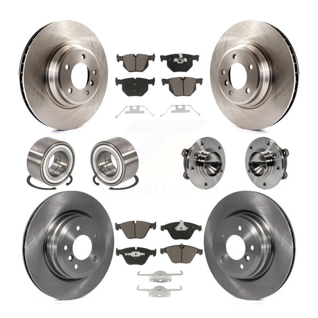 Transit Auto Front Rear Wheel Hub Bearings Assembly Disc Brake Rotors and Ceramic Pads Shoes Kit (10Pc) for Car BMW 335i 335is 335d - Left Right Side (Driver Passenger) KBB-119711