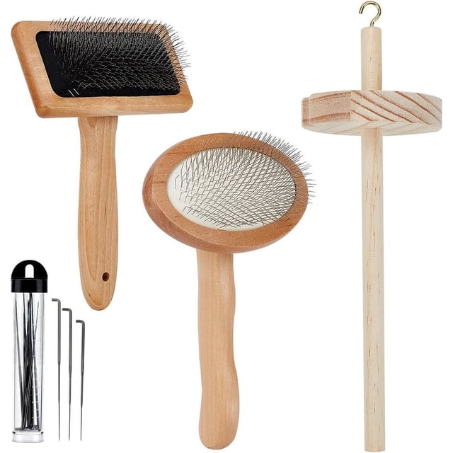 Kit de herramientas de hilado y fieltrado de madera (4 piezas): cardadora de lana, cepillo alisador, herramienta de hilado, 12 agujas para manualidades con lana.