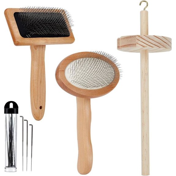 4Pcs Wooden Wool Carder Slicker Brush Wood Spinning Tool Felting Tool Kits with 12Pcs Craft Wool Needles