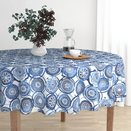 China Round Flower - Round Tablecloth Coffee Fine China Watercolor Flower Doodles Cotton Sateen
