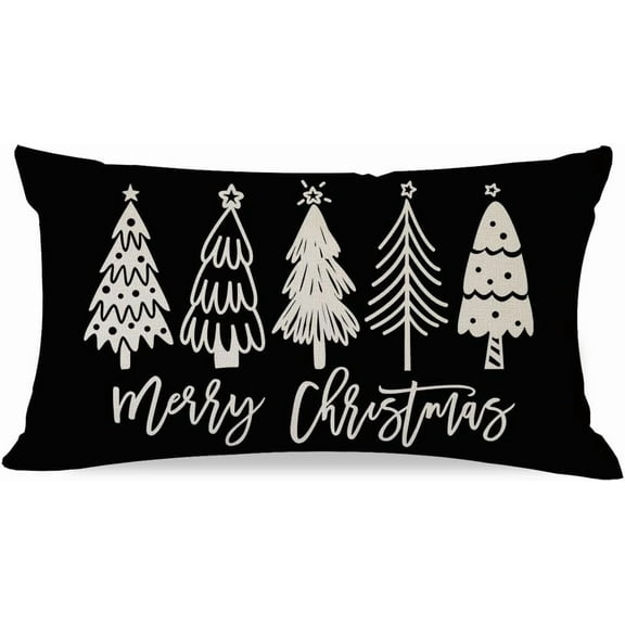 Merry Christmas Throw Pillow Cover 12x20 Inch Black and White Modern Farmhouse Christmas Tree Decorations Outdoor Xmas Winter Holiday Decorative Lumbar Pillow Case for Sofa Couch Home Decor