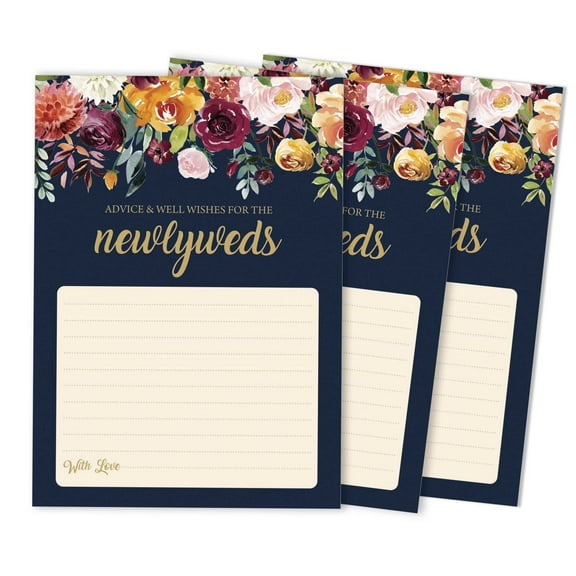 Inkdotpot Set Of 50 Advice & Wishes For The Newlyweds Bride & Groom Floral Navy Advice Cards Wedding Dcor, Guestbook Alternative 5x7 inches