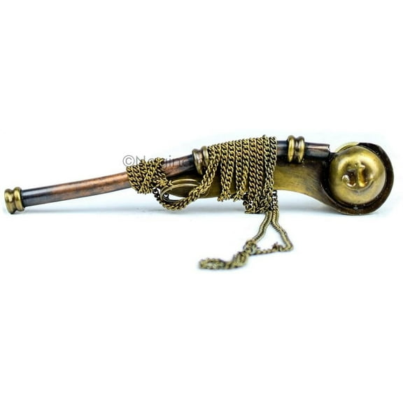 Boatswain's Brass Crafted Bosun's Pipe Whistle With Chain & Handcrafted Rosewood Anchor Inlayed Case | Pirate's Decor Collection | Maritime Decor | Nagina International (Brass Antique)