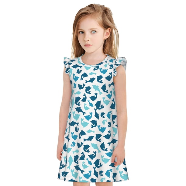 Fotbe Cute Shark Vestido de Dormir para Niñas de 3 a 10 Años, Mangas Cortas, Estilo Princesa, Pijama Camisón con Mangas Voladas-X-Large
