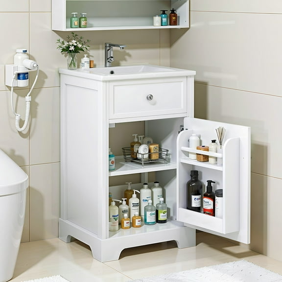 Soges 20" Bathroom Vanity with Ceramic Sink, Solid Wood Bathroom Makeup Cabinet with Soft Close Door, Adjustable Shelf and Drawer, Free Standing Single Basin Vanity Set for Small Bathroom, White