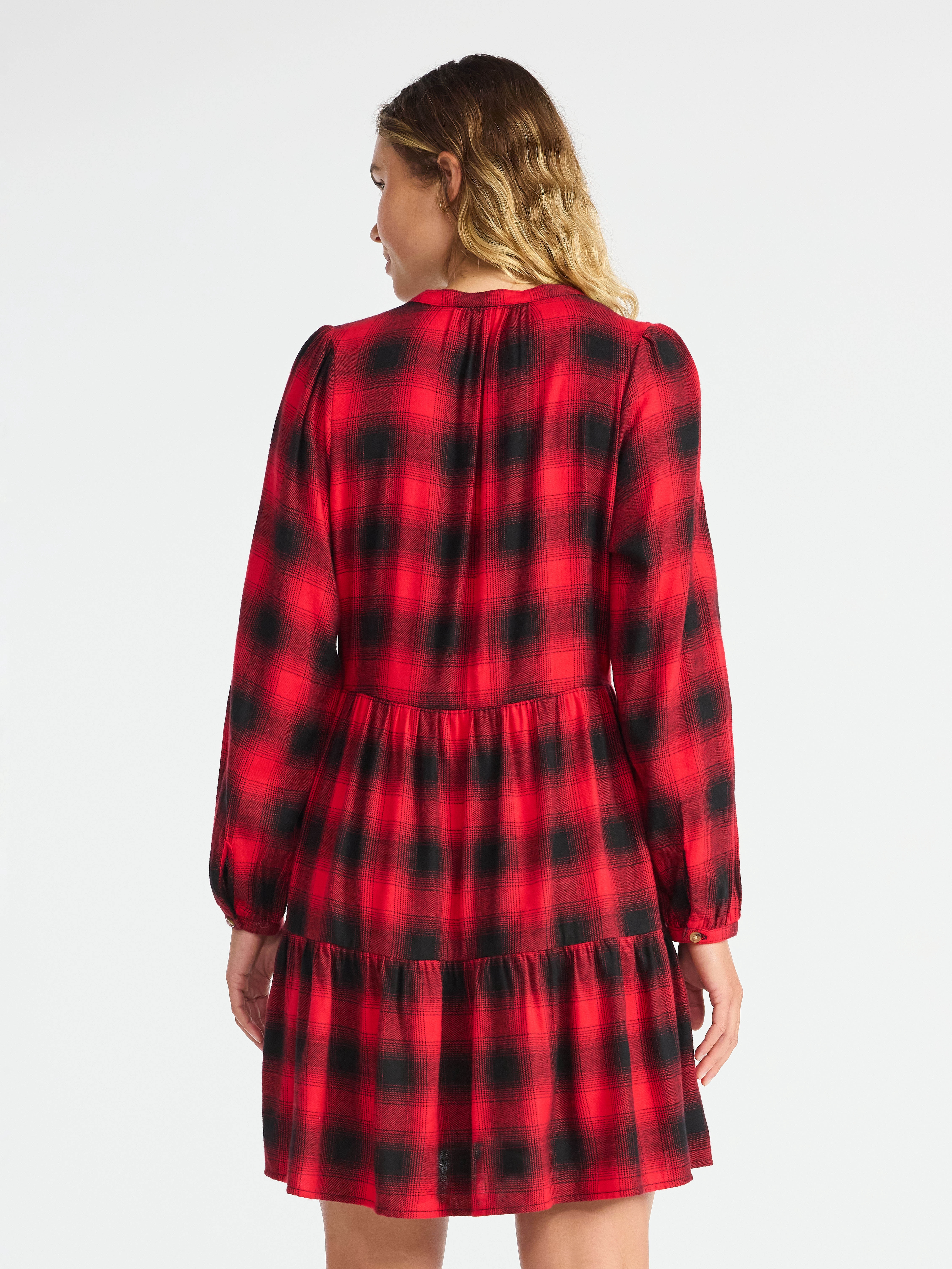 Time and Tru Women's Tiered Plaid Flannel Dress, Sizes XS – XXXL