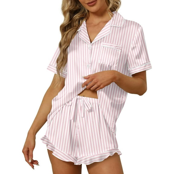 SMZ Satin Silk Pajamas for Women 2Pcs Ruffle Notch Collar Sleepwear Button Down Short Sleeve Shorts Pjs Set Loungewear
