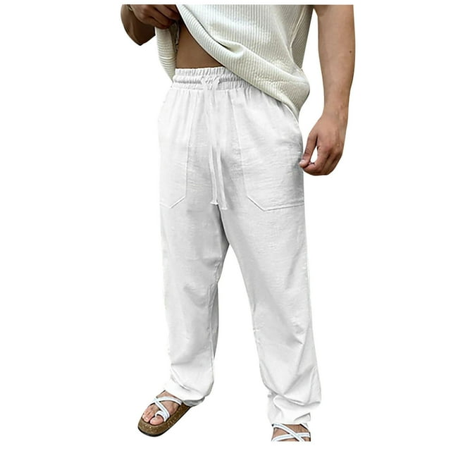 Admvng Linen Pants Men Plus Size Casual Elastic Waist Drawstring Straight Barrel Long Pants with Pockets S-5XL