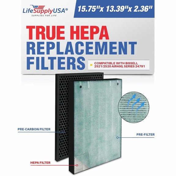 LifeSupplyUSA 3-in-1 True HEPA Air Cleaner Replacement Filter   Pre-Filter   Carbon Filter Compatible with Bissell 2521/2520 air400, series 24791 Air Purifiers