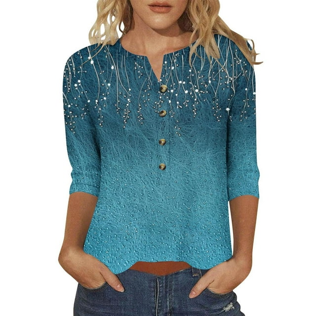 T-Shirts pour Femmes - Col en V Décontracté Coupe Ample Manches 3/4 Hauts pour Toutes les Occasions