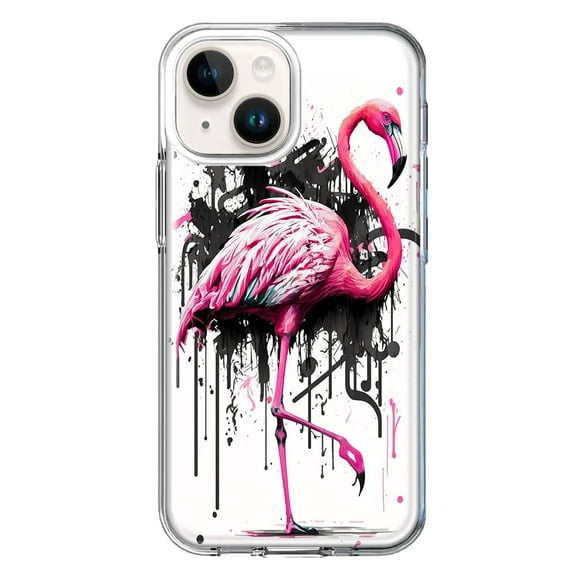 MUNDAZE Case for Apple iPhone 15 Plus Hybrid Shockproof Slim Hard Soft TPU Shell Heavy Duty Protective Phone Cover - Pink Flamingo Painting Graffiti