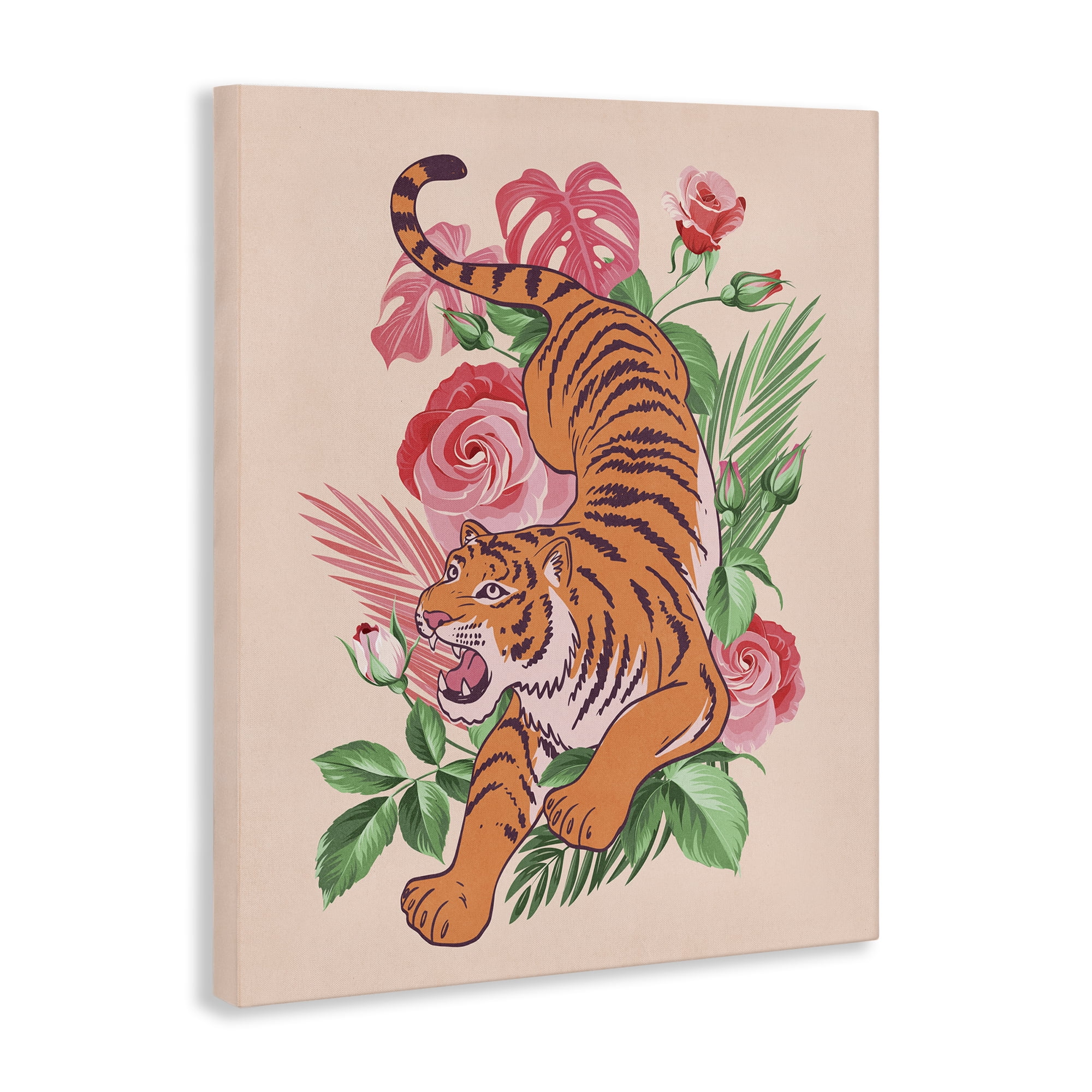 Stupell Industries Tiger & Tropical Roses Animals Painting Wrapped Canvas Art Print Wall Art, 16 x 20