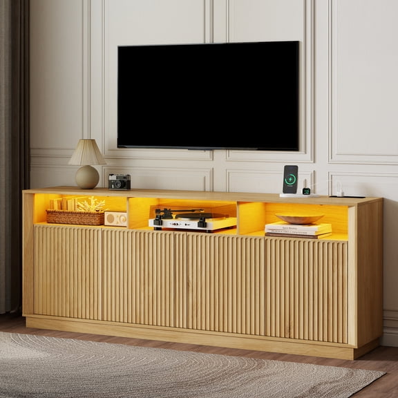 70" Fluted TV Stand for TVs up to 80", Mid Century Modern Console with LED Lights Power Outlet