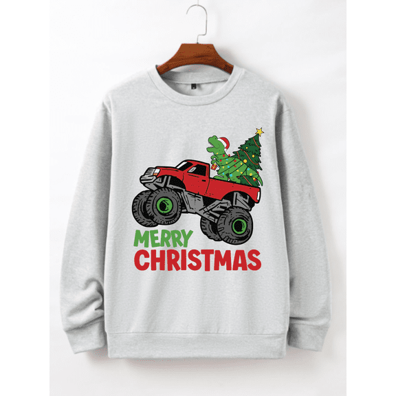 Whicone Men's Monster Truck Dino Christmas Crewneck Sweatshirt Merry Xmas Print - Unisex Loose Fit, 100% Polyester, 3 Colors, S-XXL