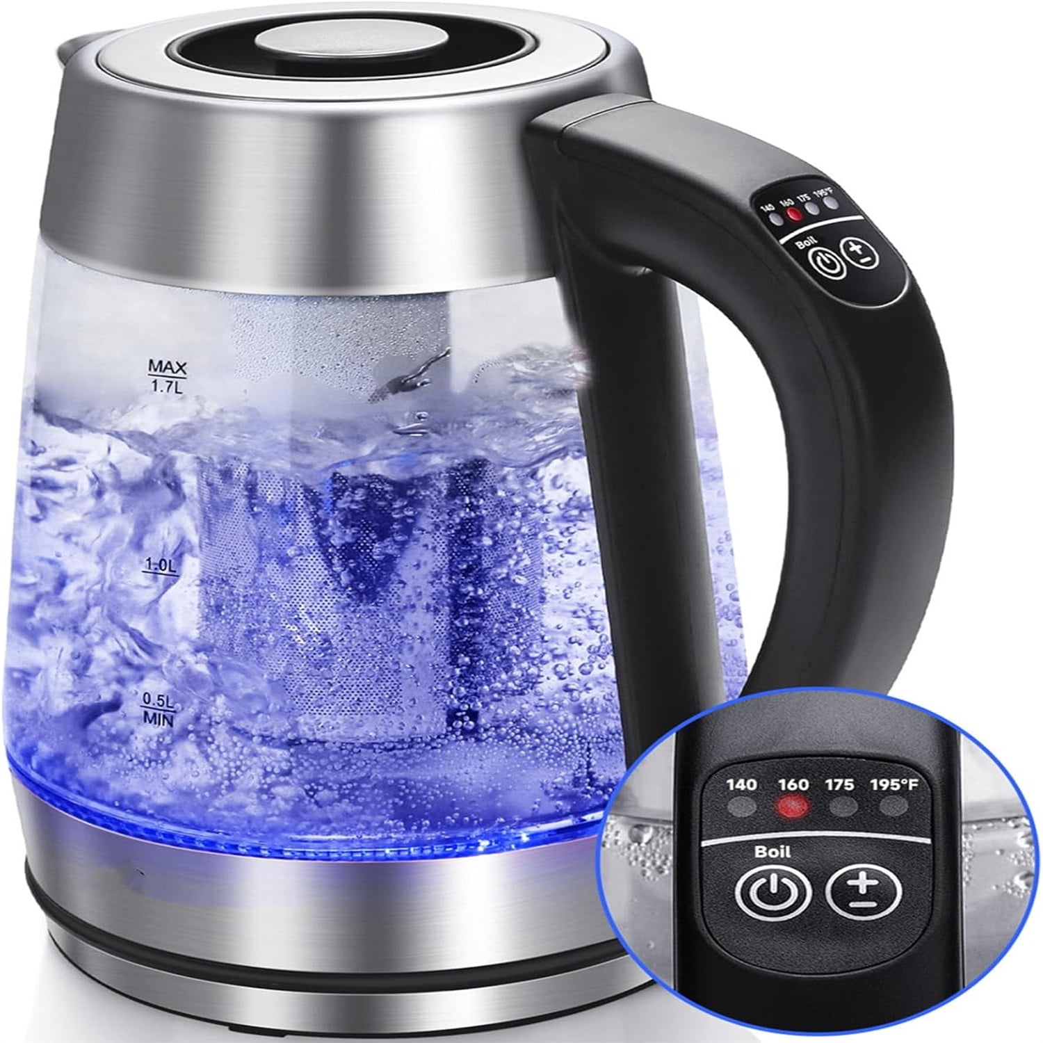 Electric Kettle, Tea Kettle with Temperature Control and Tea Infuser, 1500W Hot Water Kettle with Variable Temperature, Keep Warm Function, LED Indicator Light Change, Auto Shut-Off, 1.7L