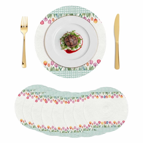 Spring Tulip Round 15 Inch Placemats Set of 8, Botanical Budding Flowers Green Lattice HeatResistant Non Slip Place Mats for Dining Table, Wipeable Braided Kitchen Table Mats for Housewarming