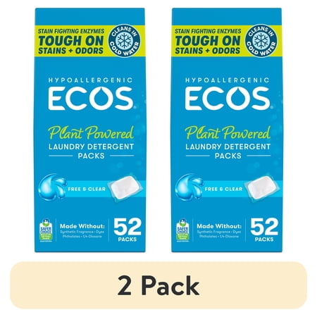 (2 pack) ECOS Hypoallergenic Laundry Detergent Packs for Sensitive Skin, Free & Clear, 52 Loads, Laundry Pods