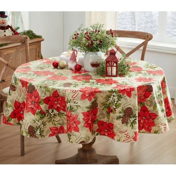 Christmas Majestic Winter Poinsettia Floral 70 inch Round Vinyl Flannel Back Dining Tablecloth