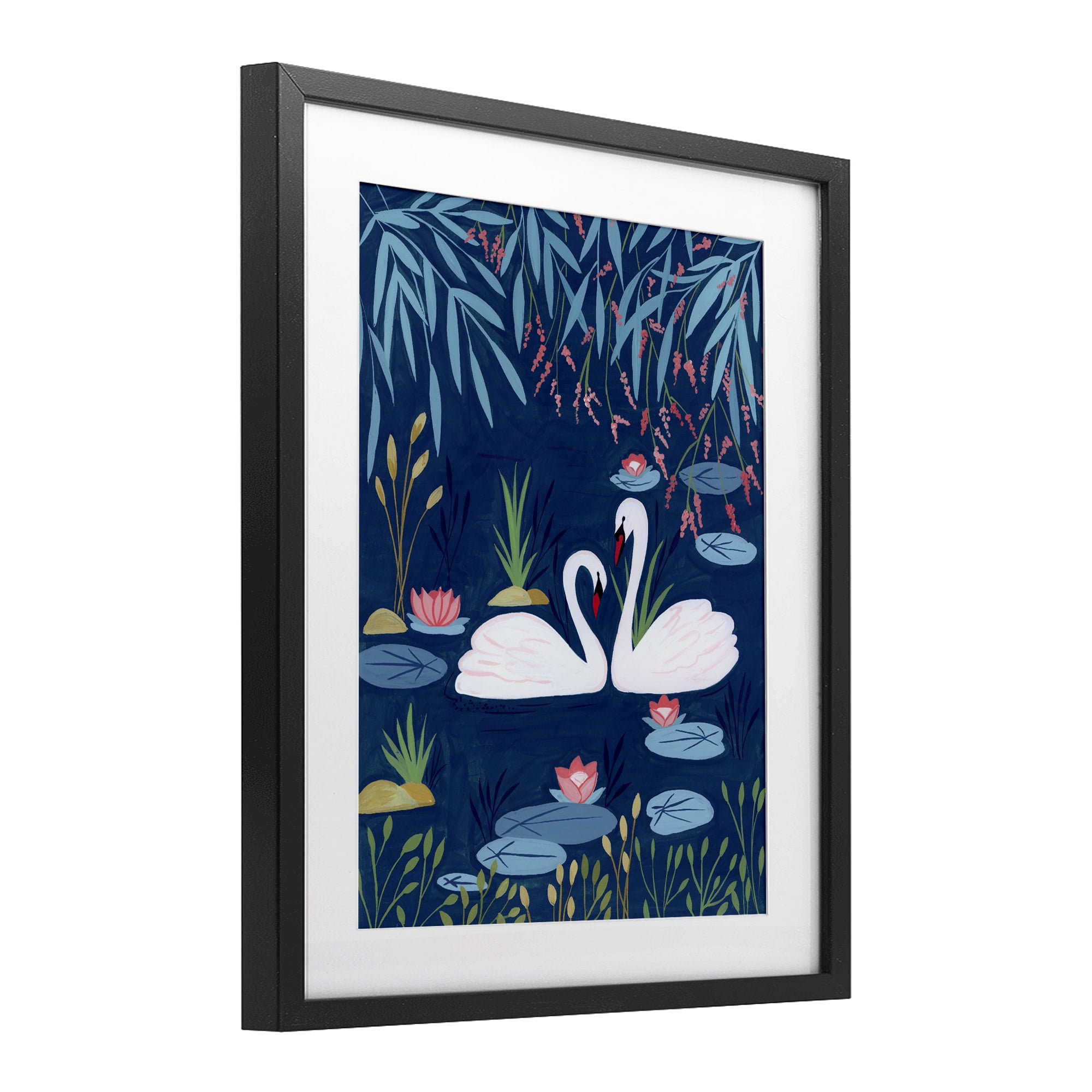 Swan Pair on Blue Pond Black Framed Print Under Glass, design by Nabeela Rumi