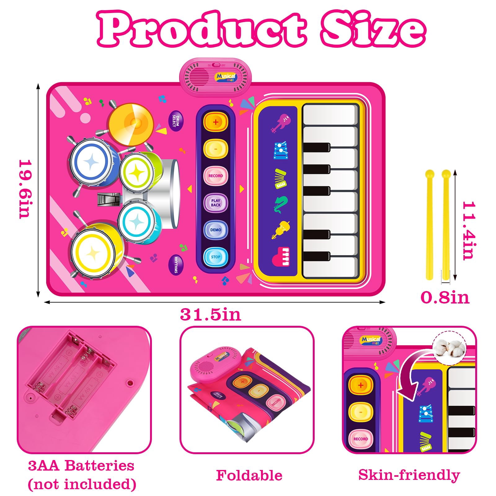Musical Mat Toys - 2 in 1 Piano Drum Babies Play Mat Music Toys for Kids 3-8 Birthday Gifts(Red)