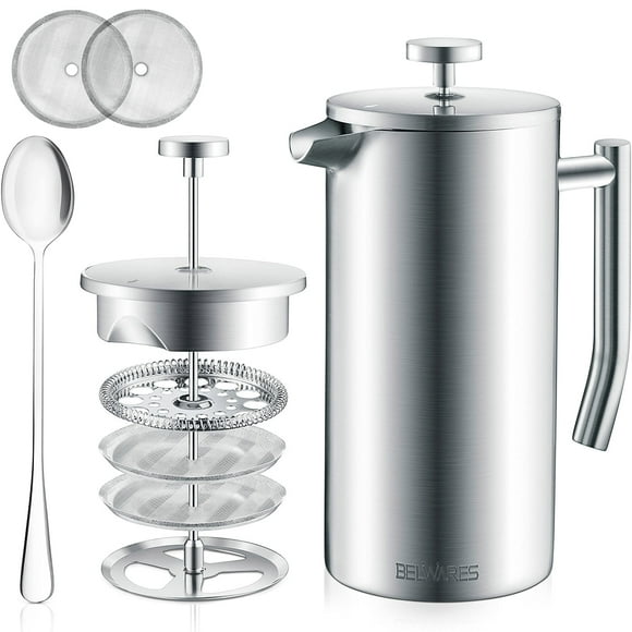 Belwares Cafetera de prensa francesa – Prensa de café aislada de doble pared de 34 oz con sistema de filtración de 4 niveles, acero inoxidable 1 litro – Perfecto para camping, hogar u oficina