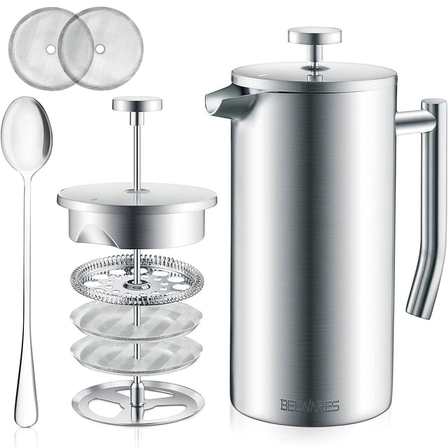 Belwares Cafetera de prensa francesa – Prensa de café aislada de doble pared de 34 oz con sistema de filtración de 4 niveles, acero inoxidable 1 litro – Perfecto para camping, hogar u oficina