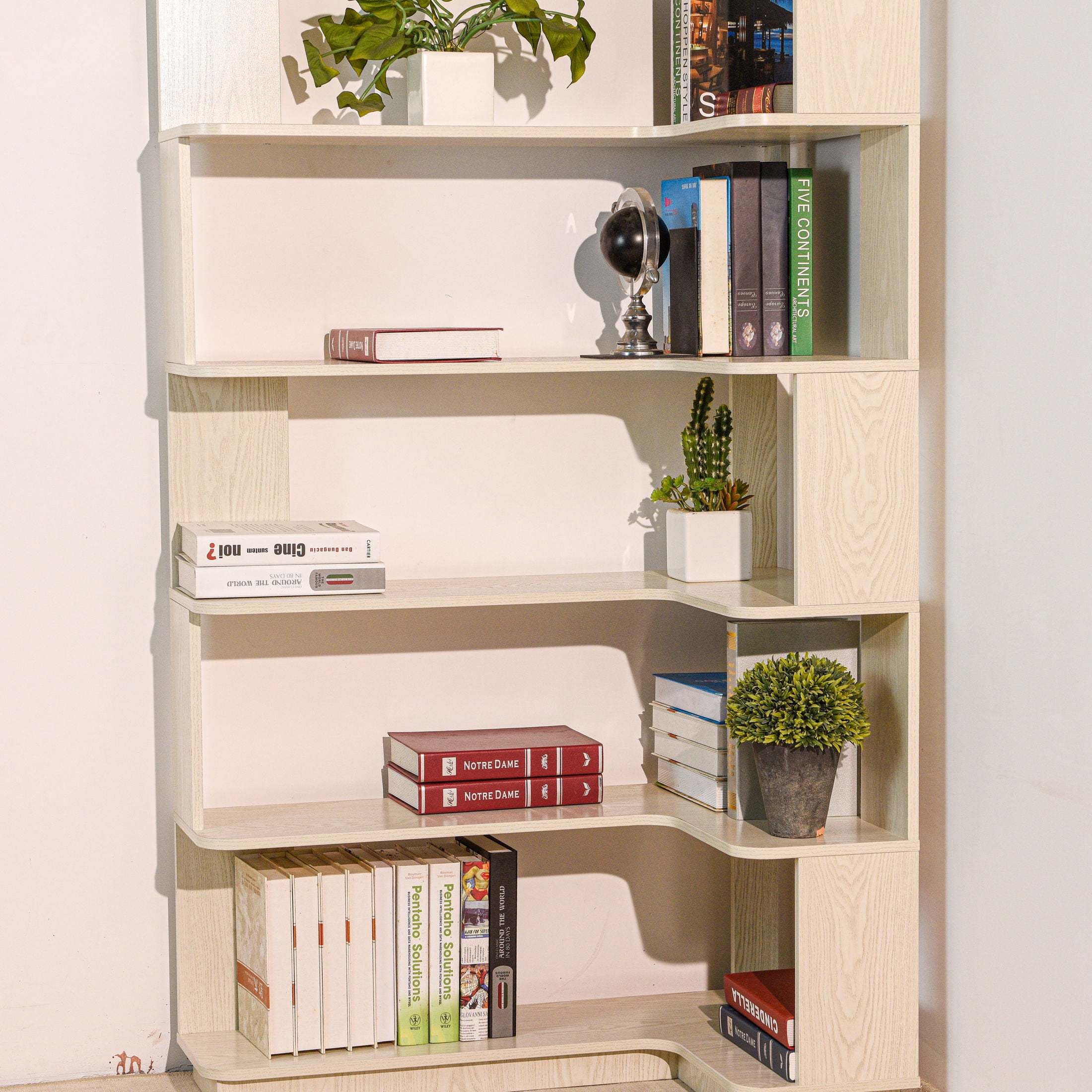 GDF Studio Derwin 5-Tier Corner Bookshelf, L-Shaped Wooden Bookcase for Living Room, Home Office, White Oak